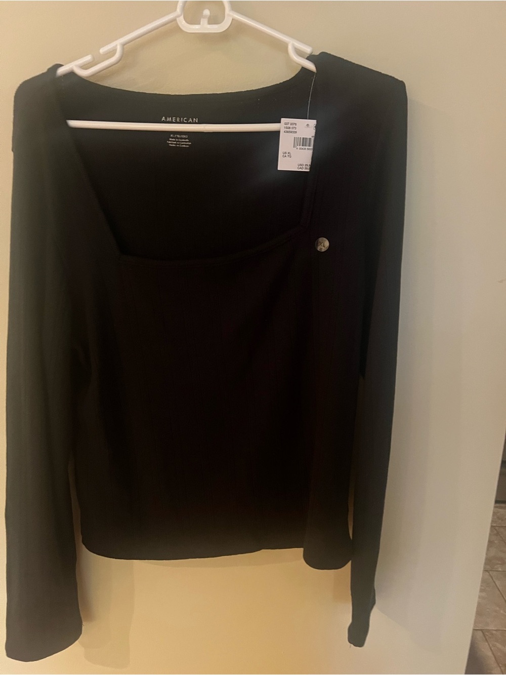 American Eagle Black XL Ribbed Long Sleeve Top with Square Neckline